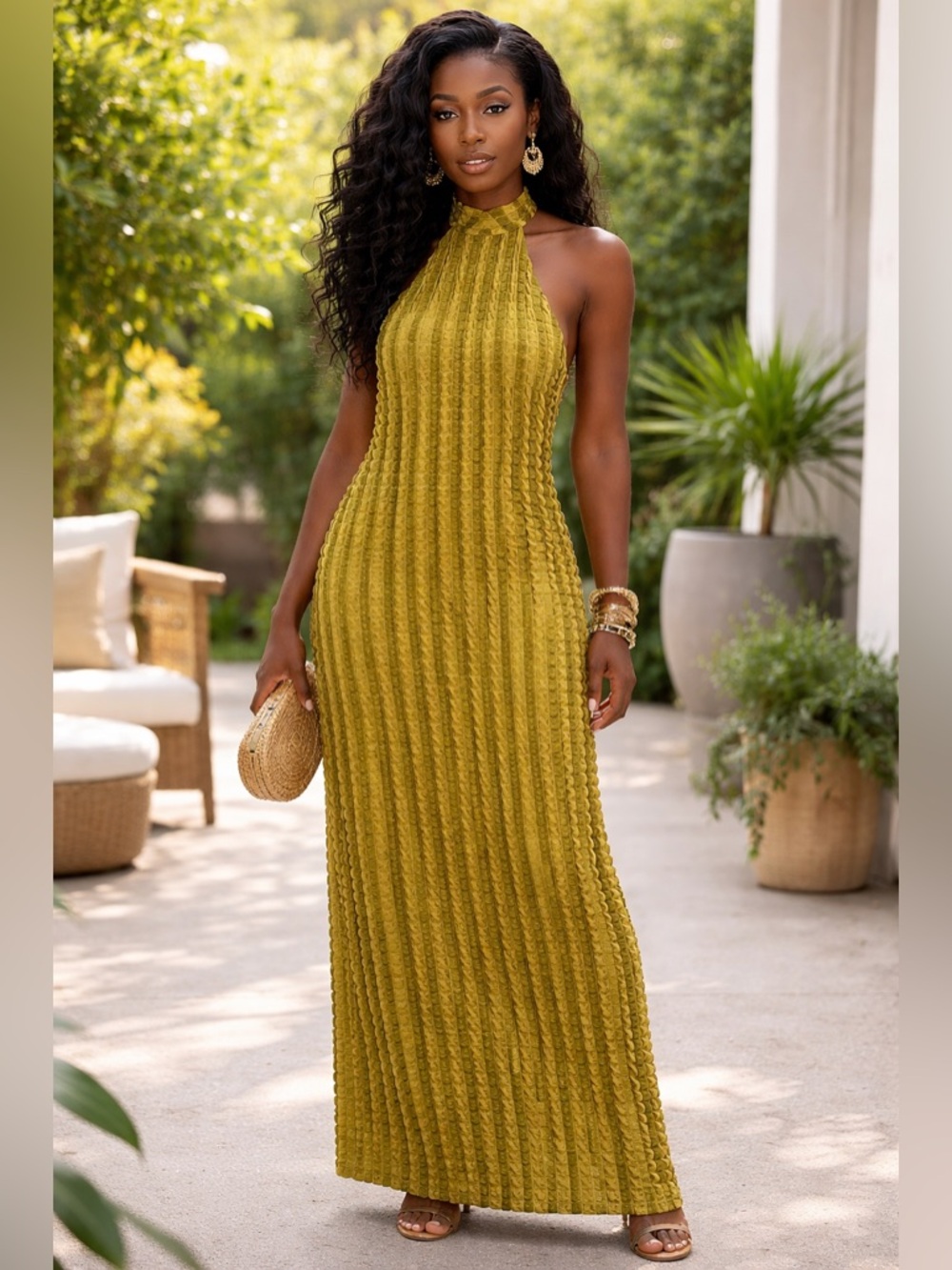 Fashion Nova Olive Green Ribbed Halter Maxi Dress